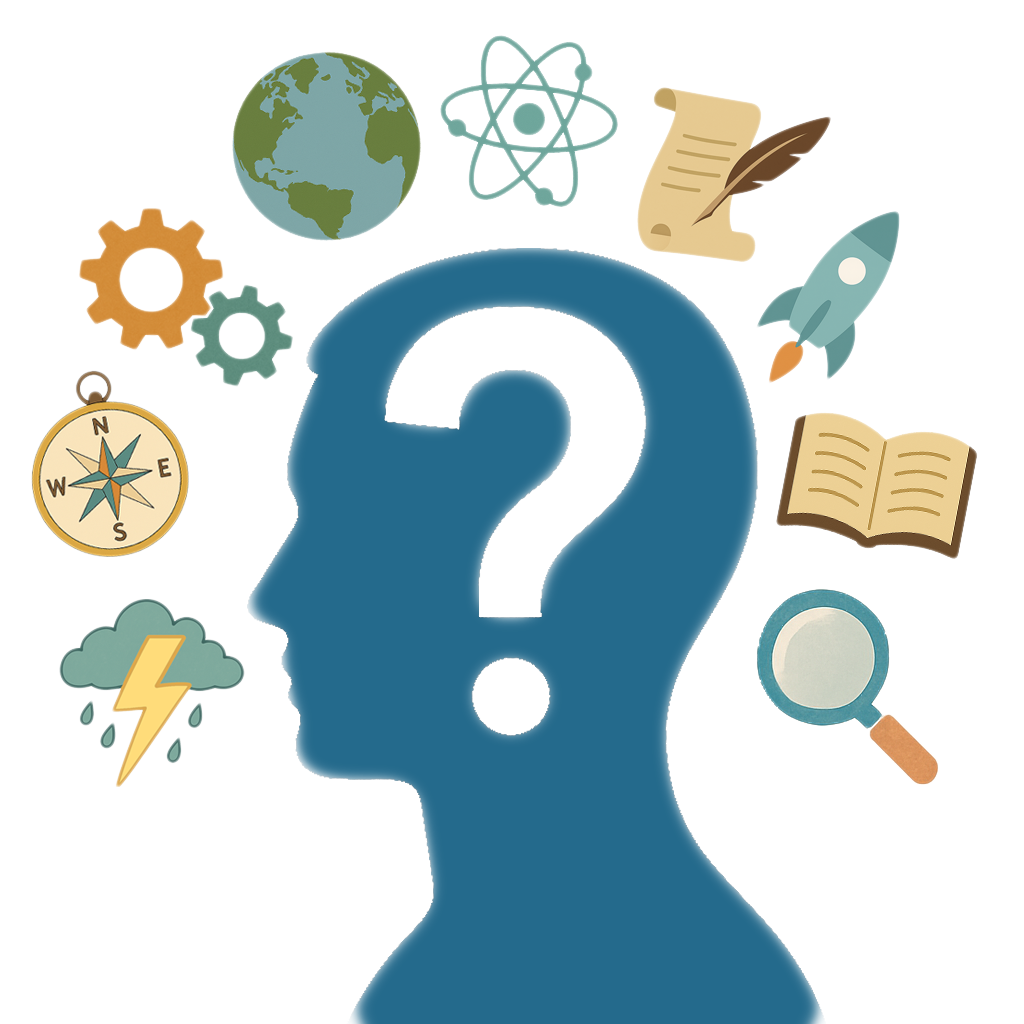 Profile silhouette of a man with a question mark inside his head, surrounded by a circle of icons that symbolize ideas, objects, subjects that have stimulated man's curiosity (icons are Earth, an atom, a scroll with quill pen, a rocket ship, a book, a magnifying glass, a lightening cloud, a compass, and two interlocking gears)
