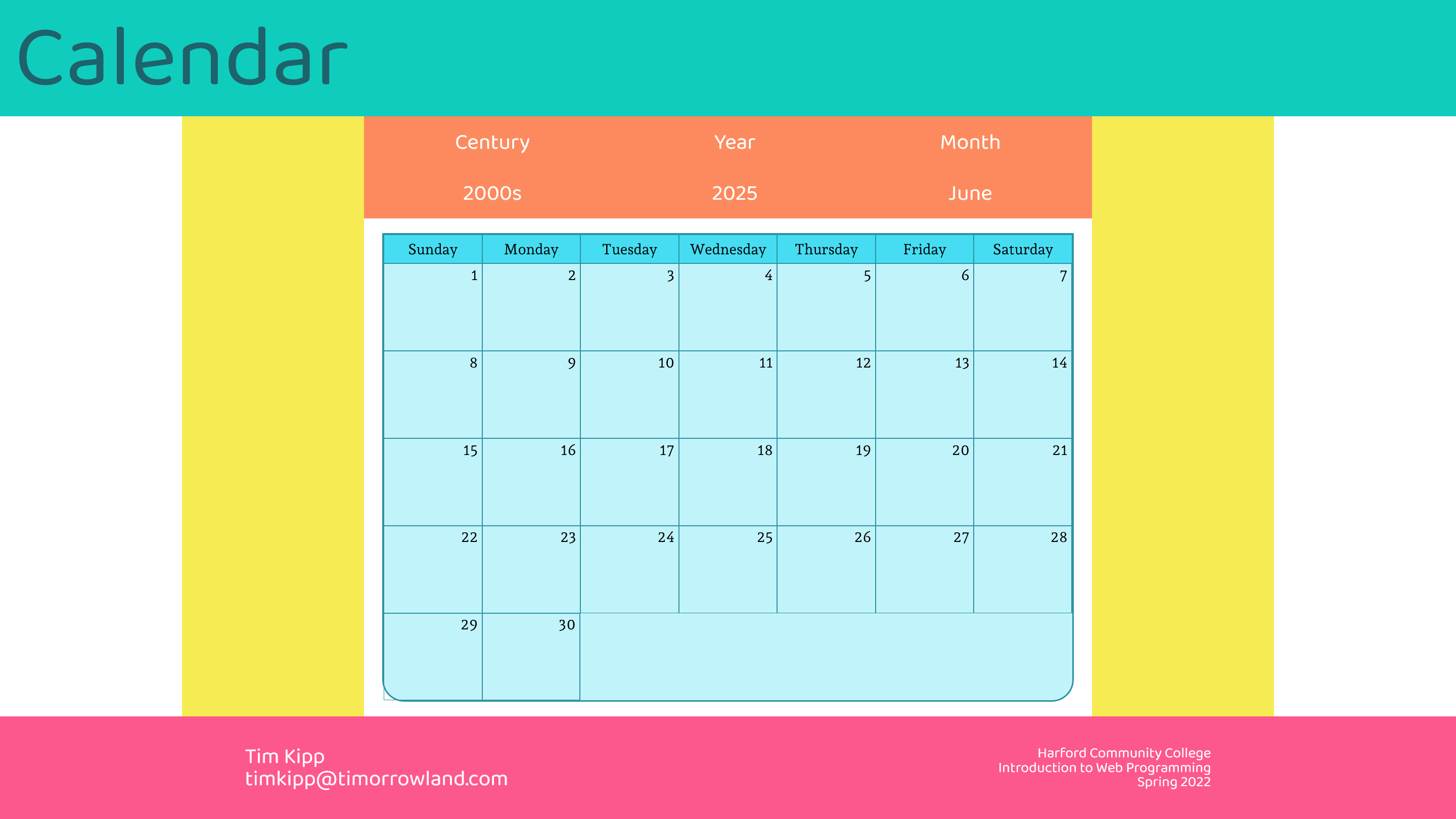 screenshot of calendar project web page