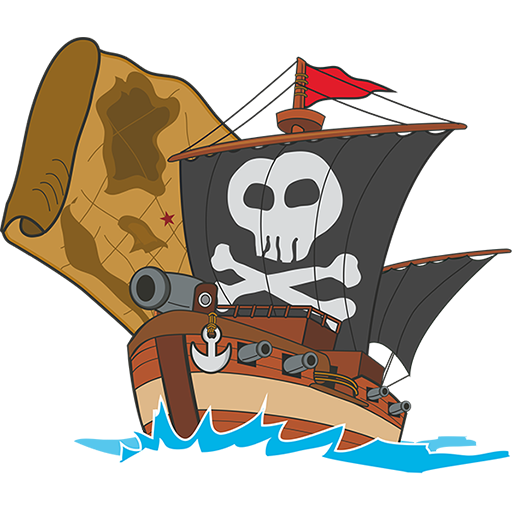 pirate ship with skull and crossbones on the main sail and map clip art